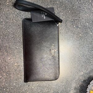 kate spade Black Saffiano Leather Zip Wristlet with Gold Logo